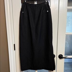 DAVID N. Vintage 80s 90s Black Linen Pencil Midi Skirt Abalone Buttons Size 8